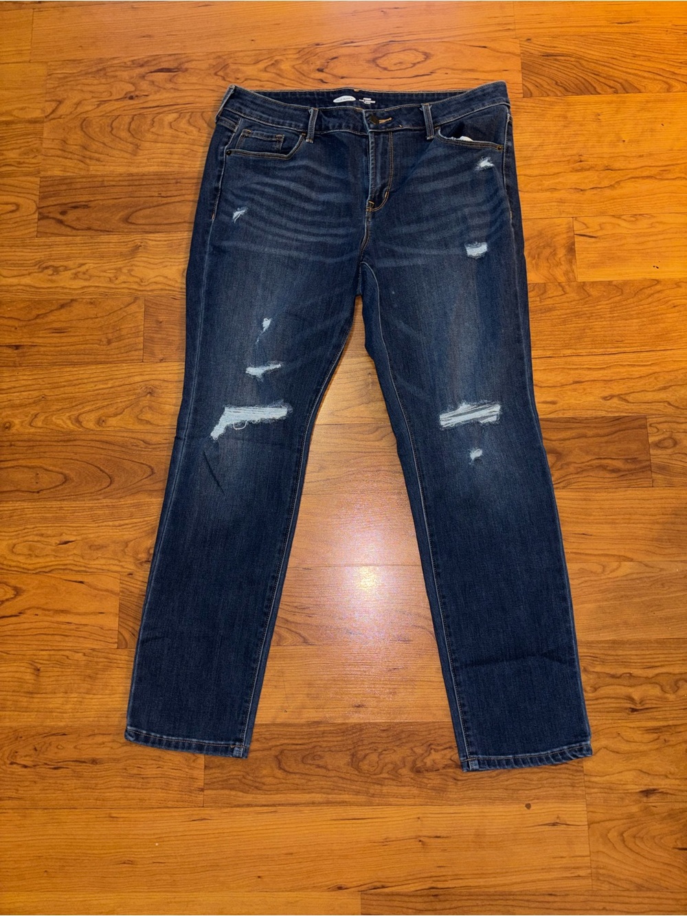 Old Navy Dark Blue Straight Leg Jeans with Distressed Details